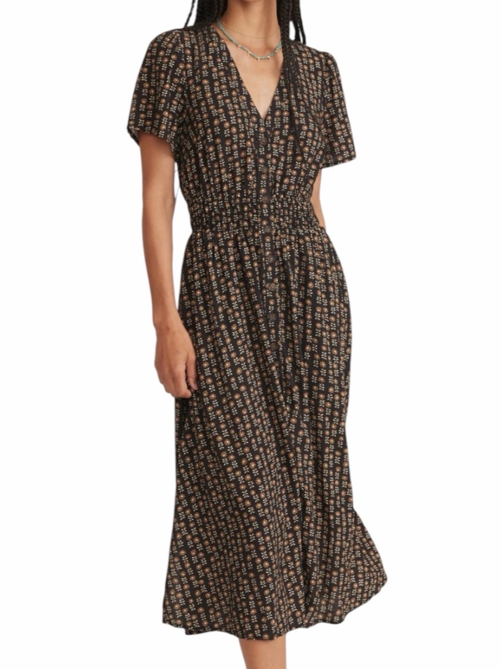 Marine Layer "Annika" Black with Small Floral V-Neck Shirred Waist Midi Dress XS